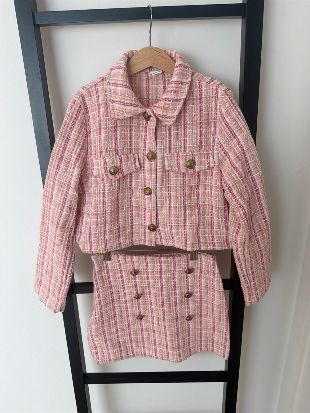 SHEIN Pink Plaid Tweed Button Jacket